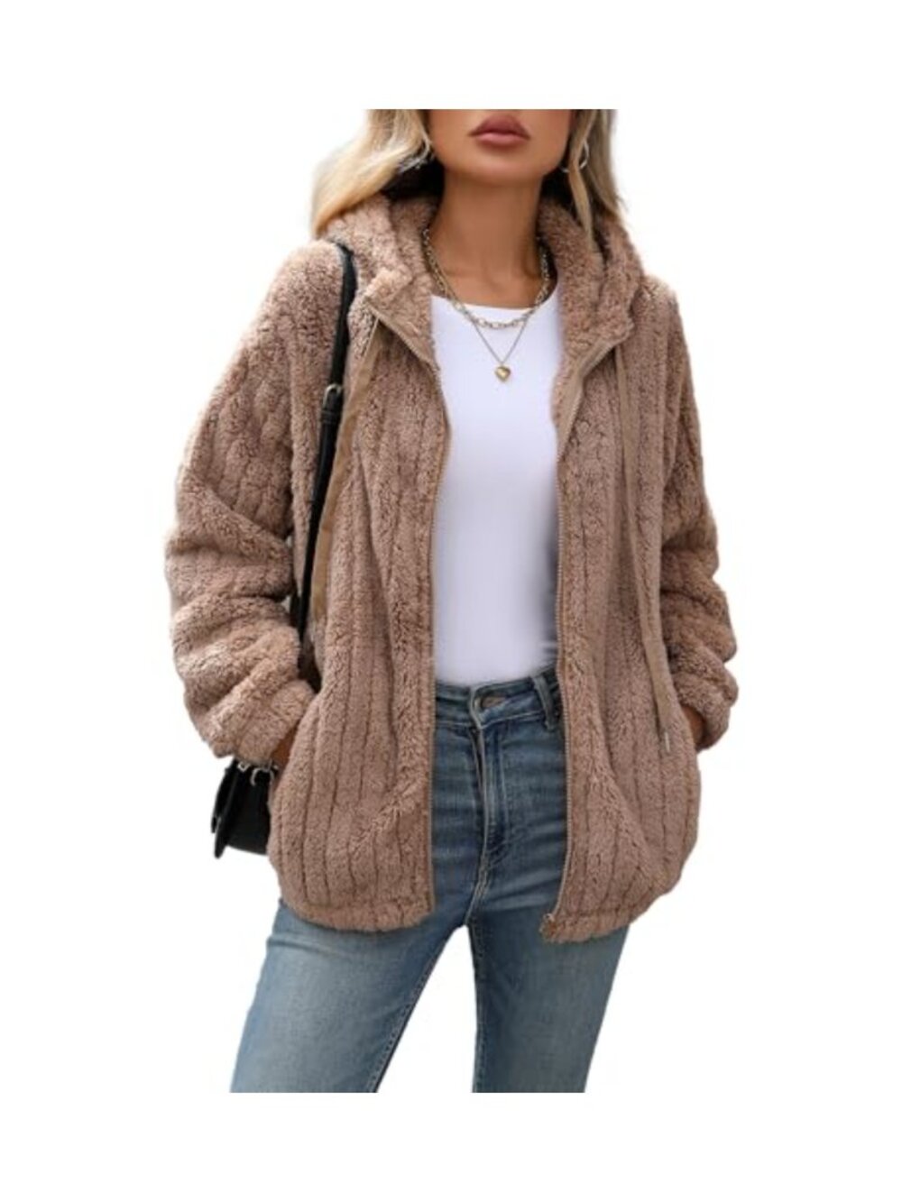 Womens Fleece Jacket Full Zip Sherpa Coat with Hood Fall Winter